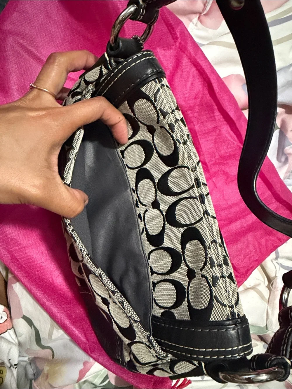 Coach Black and Gray Signature Canvas Shoulder Bag